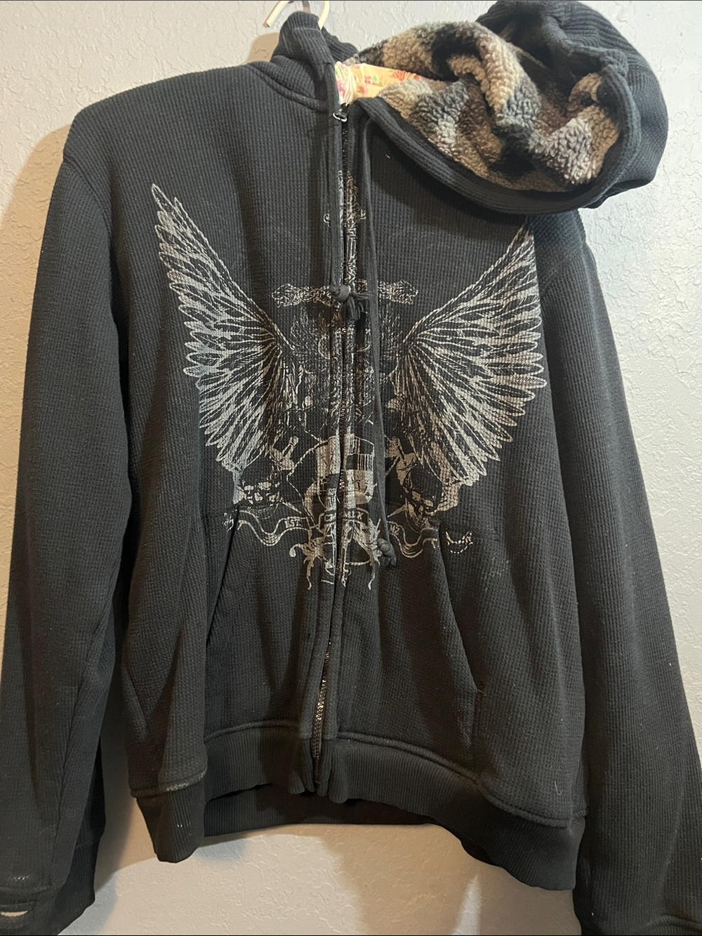 Machine Black Zip-Up Hoodie with Wing Graphic